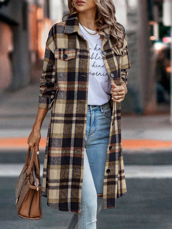 eLook - Vente Manteau – femme - Manteau long boutonné à carreaux SZ1-JK821161