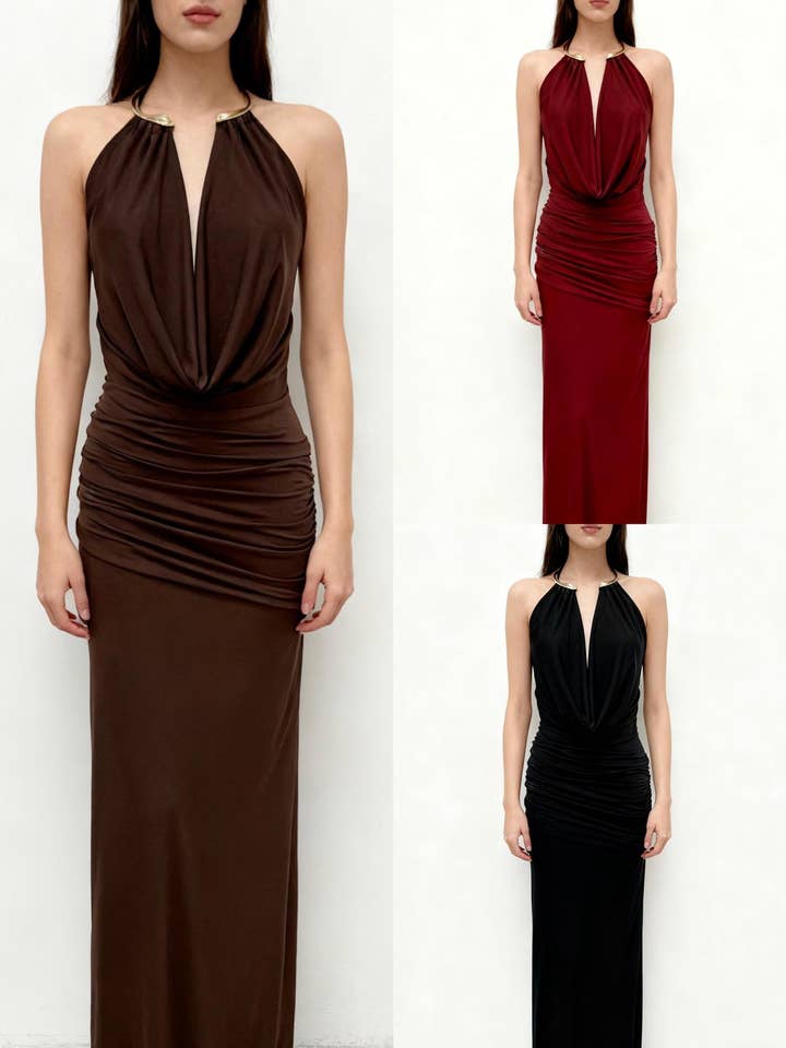 7532 Lång enfärgad klänning med tillbehör för wholesale av LORIANE