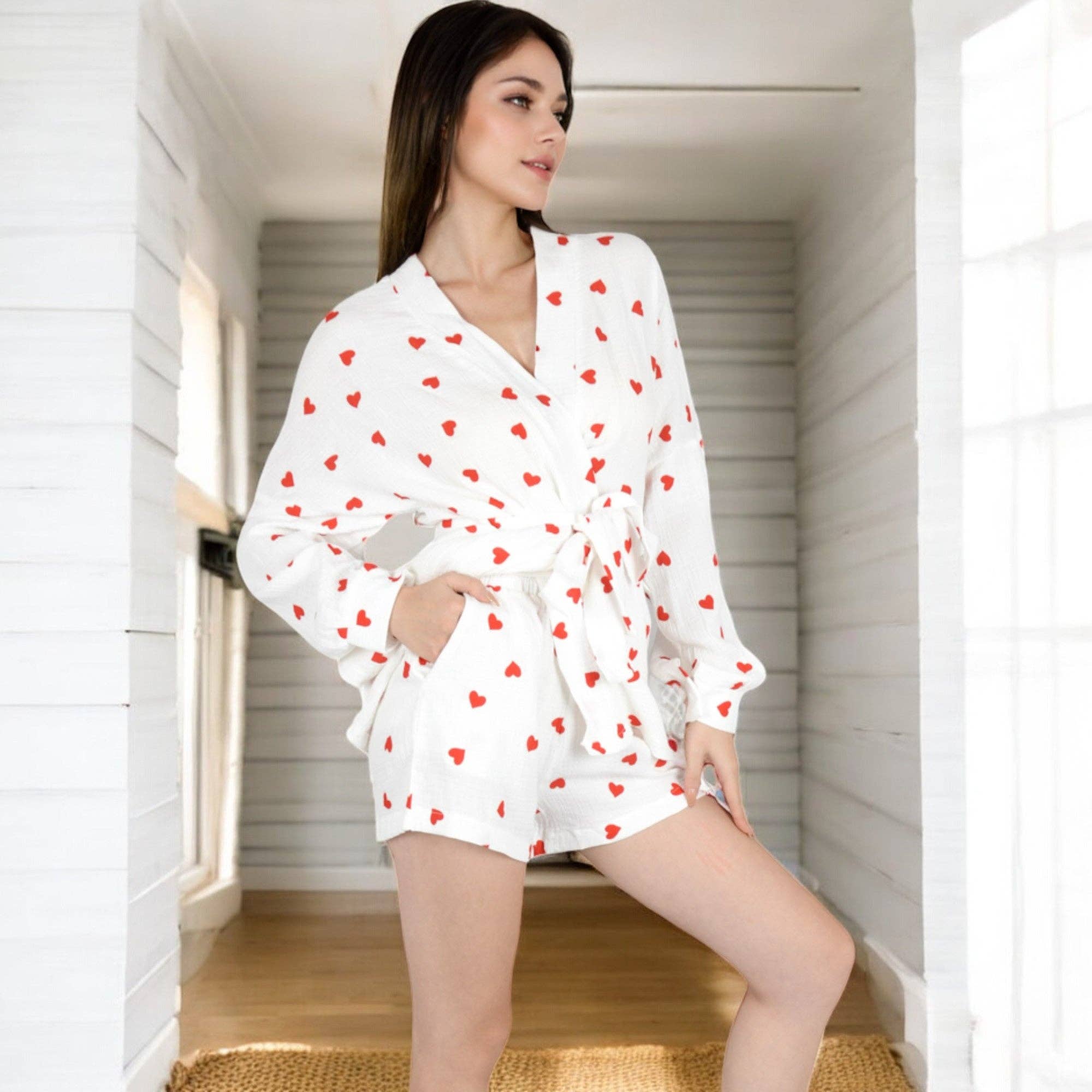 Anna Kaci Wholesale - Wholesale Sleepwear Set - Women's - Heart Print 2-Piece Pajama Set with Tie-Waist Robe2