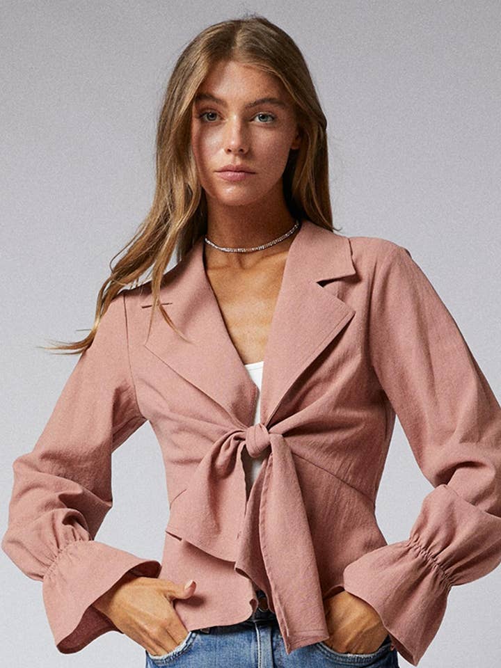 J009-A07- Ruffle Long Sleeves Tie Front Peplum Jacket for wholesale by Cerule