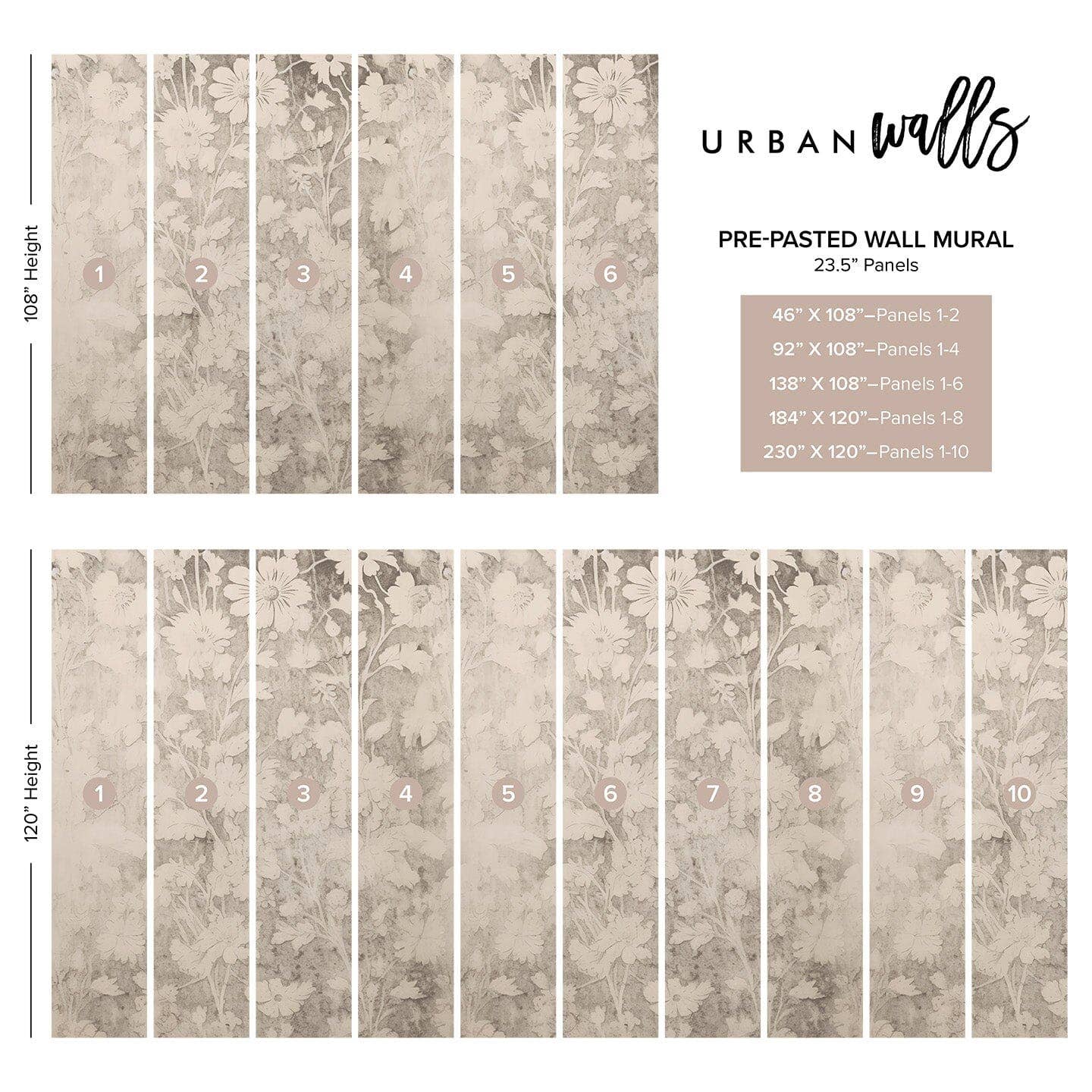 Grey Vintage Wildflower Wall Mural for wholesale on Faire2