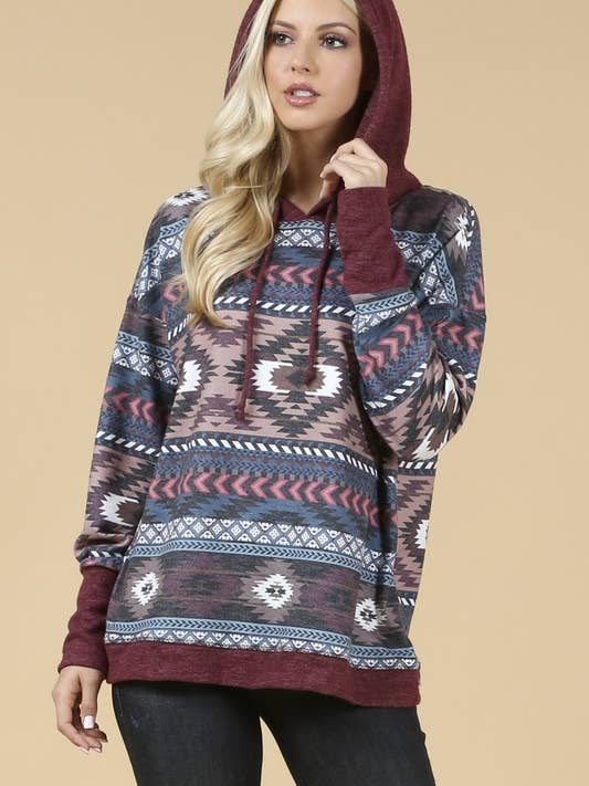 KC020-TANIA AZTEC PRINT COLOR BLOCK HOODIE for wholesale by Avery