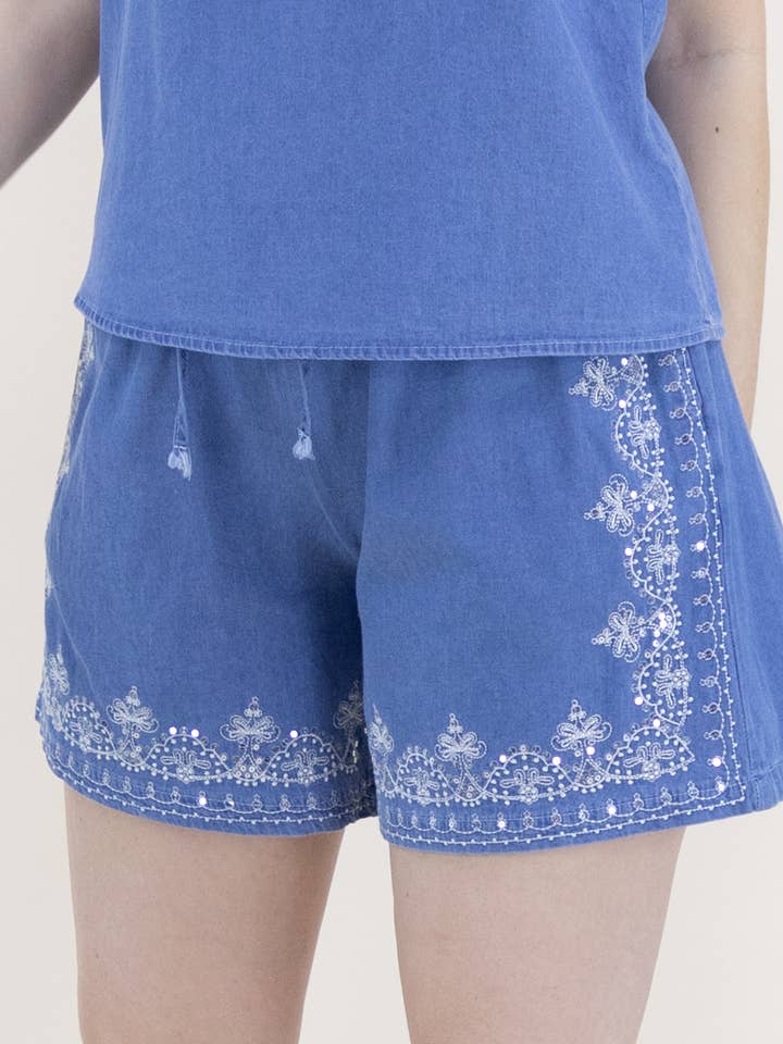 Chambray & Lace Drawstring High Waisted Shorts for wholesale by Original USA