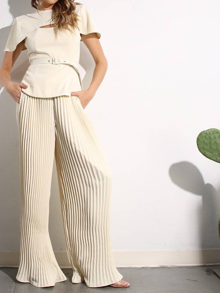 2 Tops and Pants Belt Set - Cream Beige for wholesale by Mulla