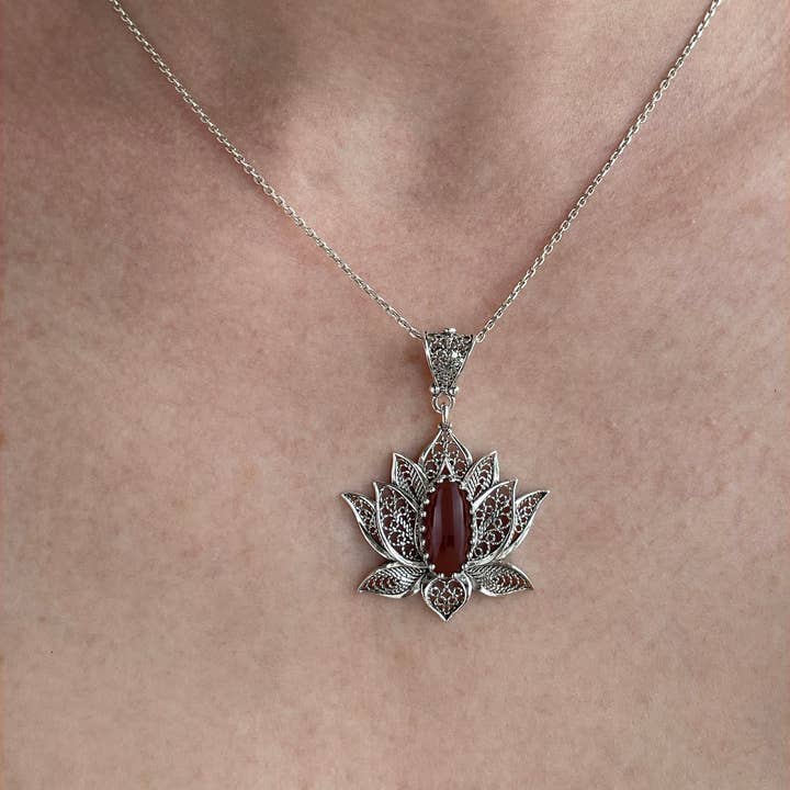 Filigranist Jewelry - Wholesale Pendant/Charm Necklace - Sterling Silver Lotus Carnelian Pendant Necklace7