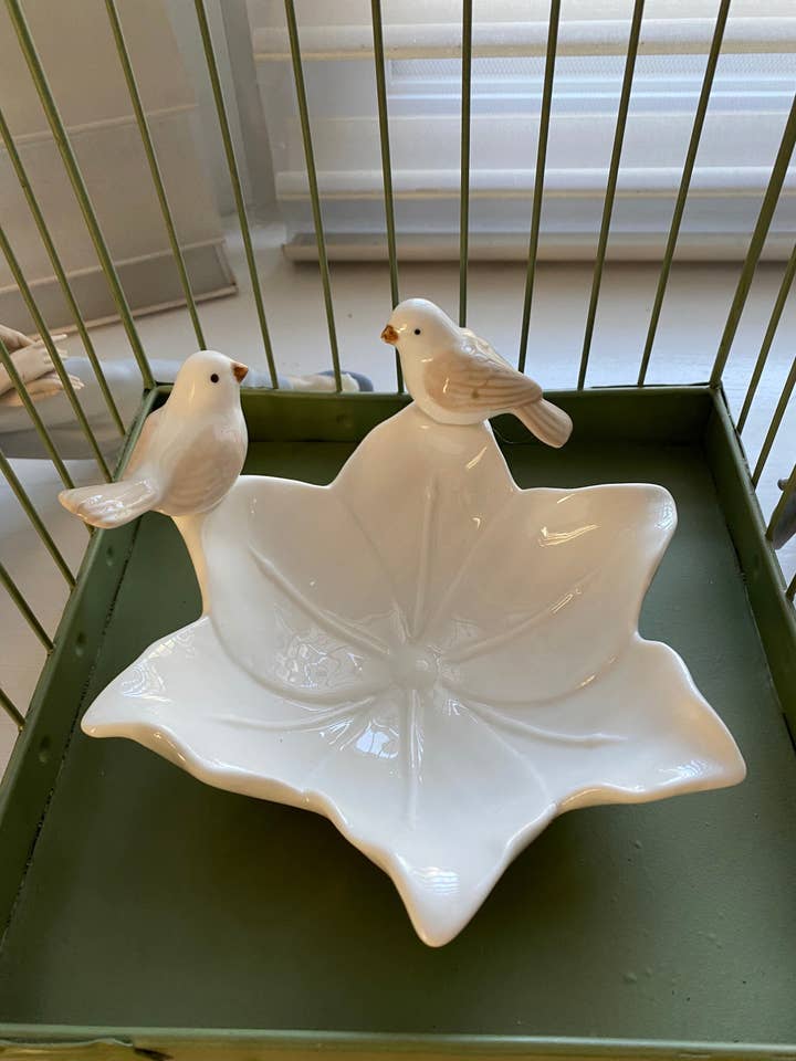 Delicate Ceramic Soap Dish With Love Birds. Neutral Colors for wholesale by Nature's Weeds Organics