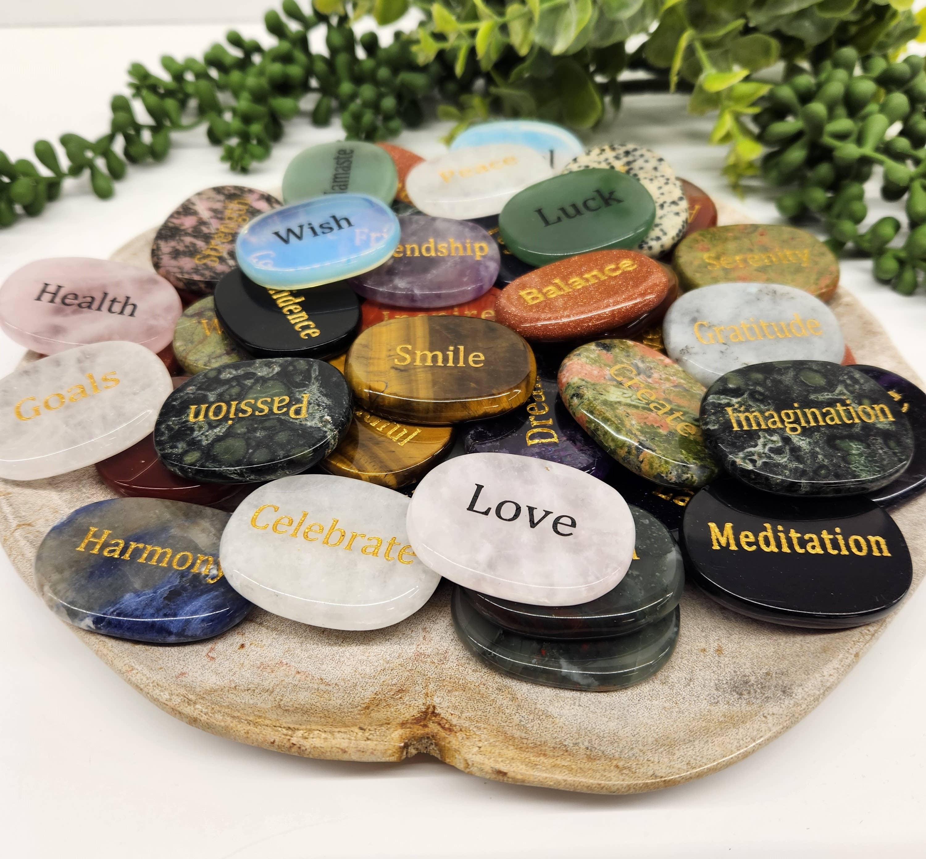 Meraki Gemstones - Wholesale Spiritual Stone/Crystal - Semi Precious Gemstone Engraved Word Stones--50 Piece Bag1