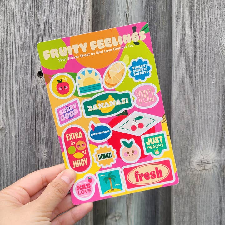 Fruity Feelings Sticker Sheet for wholesale by Mad Love Creative Co.