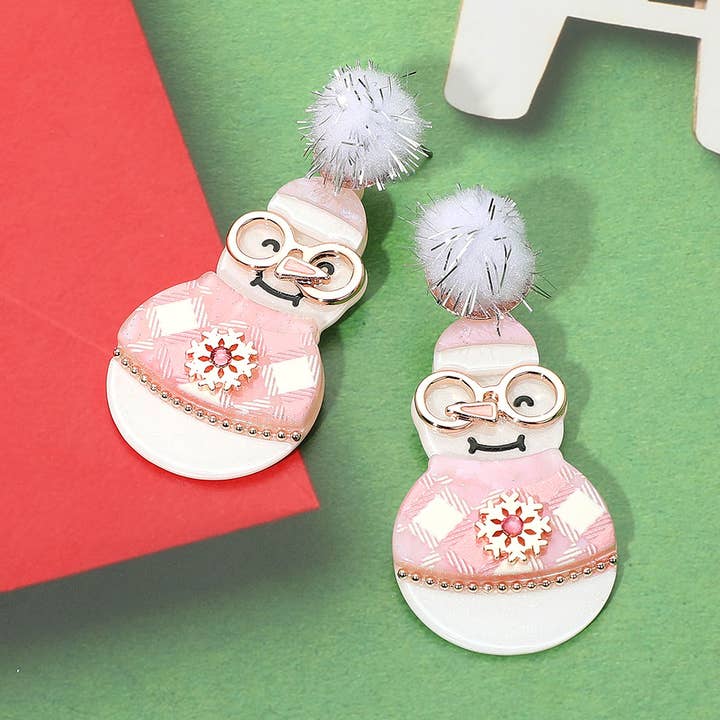 Pom Pom Resin Christmas Snowman Dangle Earrings for wholesale by Sensibling Corp.