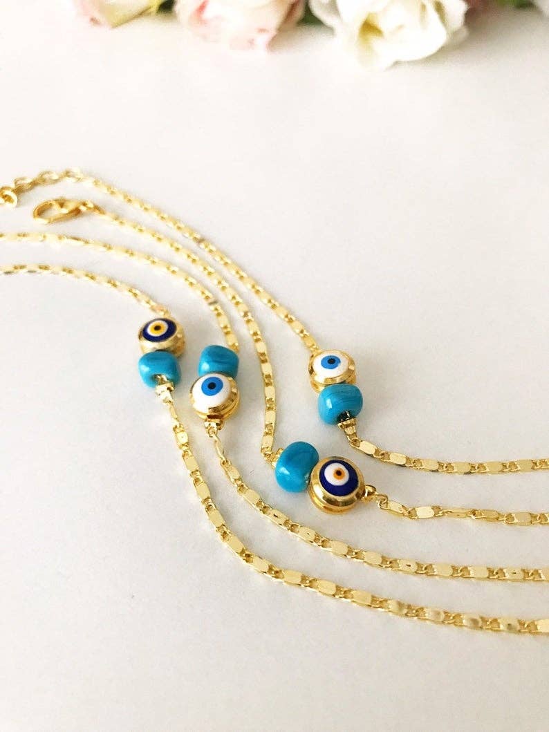 Evileyefavor – wholesale Charm/dangle bracelet – Gold Chain Bracelet, Evil Eye Bead, Blue White Evil Eye Bead, Greek Jewelry6