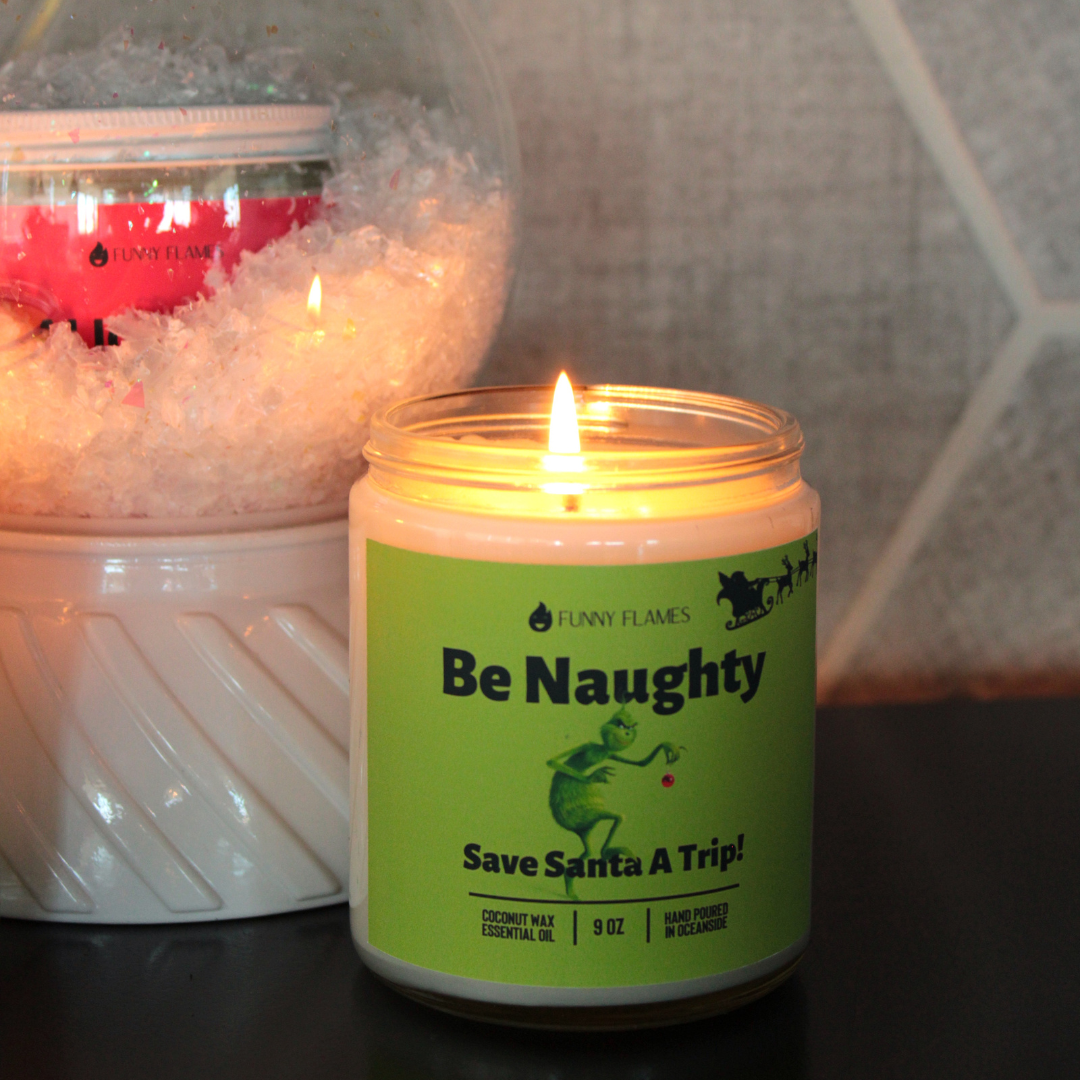 Funny Flames Candle Co - Les Creme - Wholesale Jar/filled candle - Be Naughty, Save Santa A Trip!- Funny Holiday Candle 9oz3