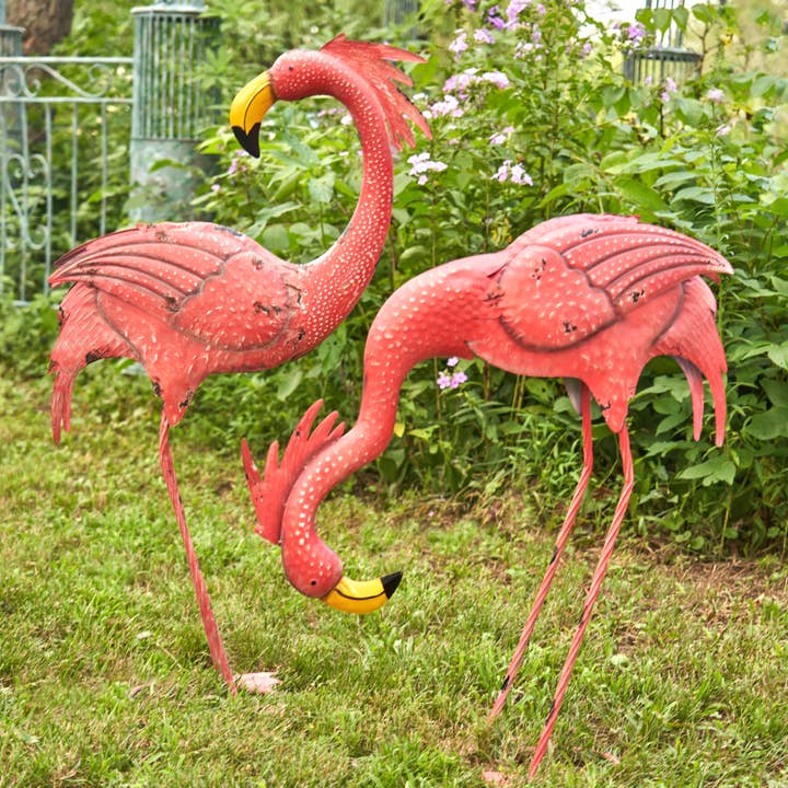 Zaer Ltd. International - Wholesale Outdoor Ornament/Decor - 40.25" Tall Bright Pink Iron Flamingos- 4PC/Set5