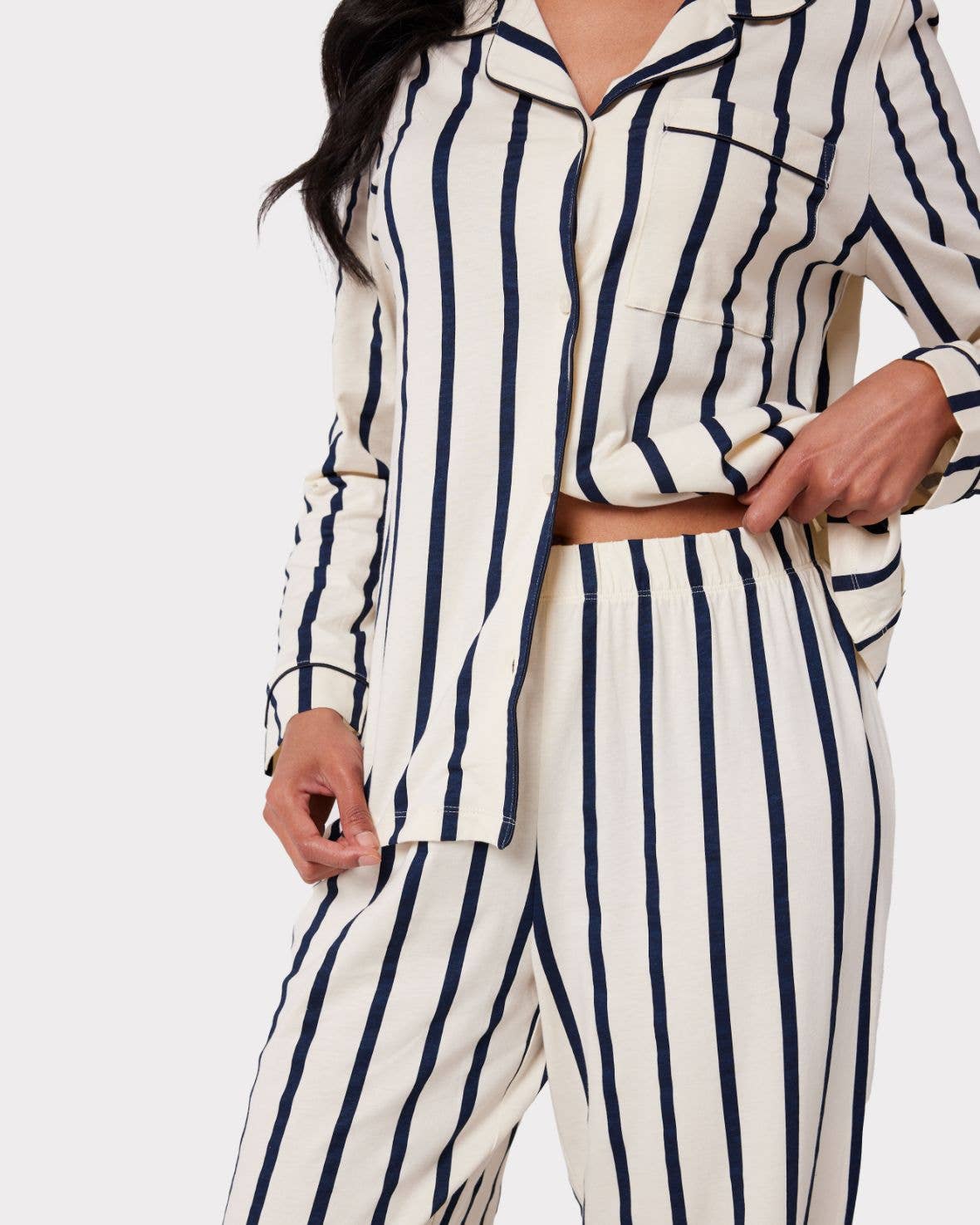 Organic Cotton Stripe Long Pyjama Set - Navy for wholesale on Faire4