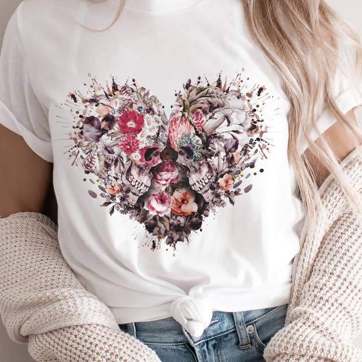 Floral Skull Love Shirt, Tropical Heart Couple Skull Shirt for wholesale by ShopLukeGifts