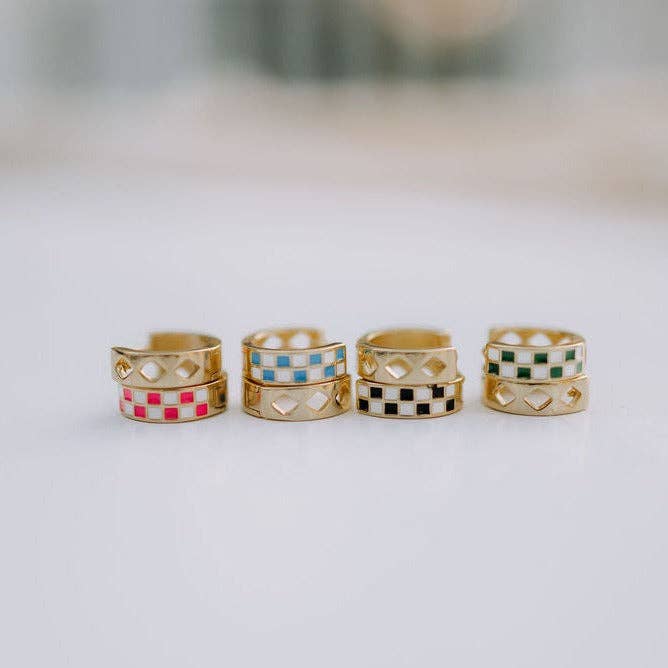 Mauve Jewelry Co. - Wholesale Huggie Earrings - Black & White Checkered Hoops7