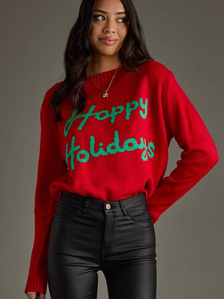 Red & Green Happy Holidays Sweater for wholesale by Panache Apparel Co.