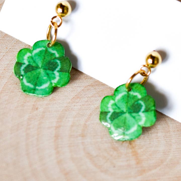 Mini Shamrock 4-Leaf Clover Dangle Stud Earrings | Leaf Earrings | Lucky Earrings for wholesale by For the Love of Foliage