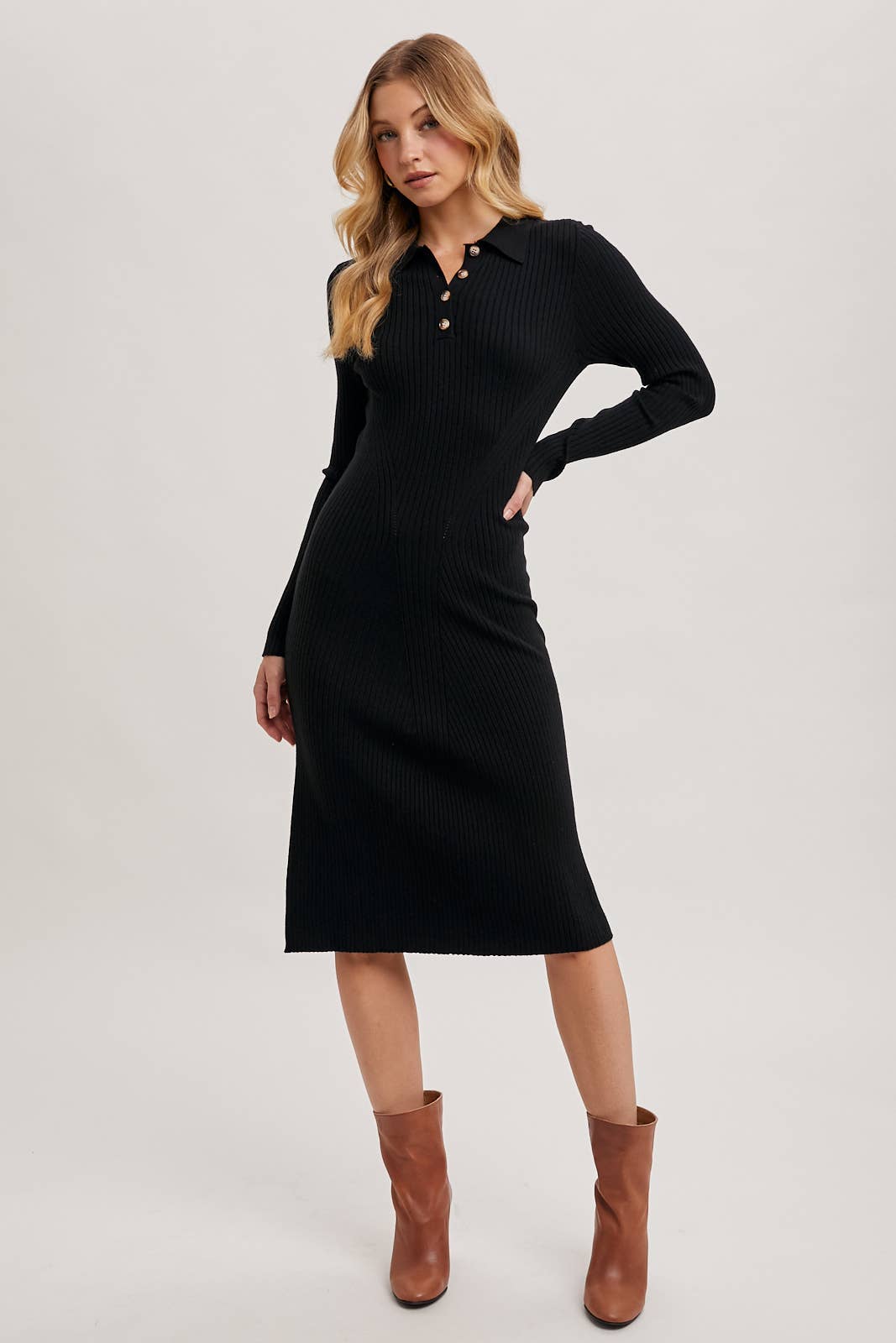 Bluivy – wholesale Dress – Women's – RIBBED KNIT HALF BUTTON SHIRT MIDI DRESS8