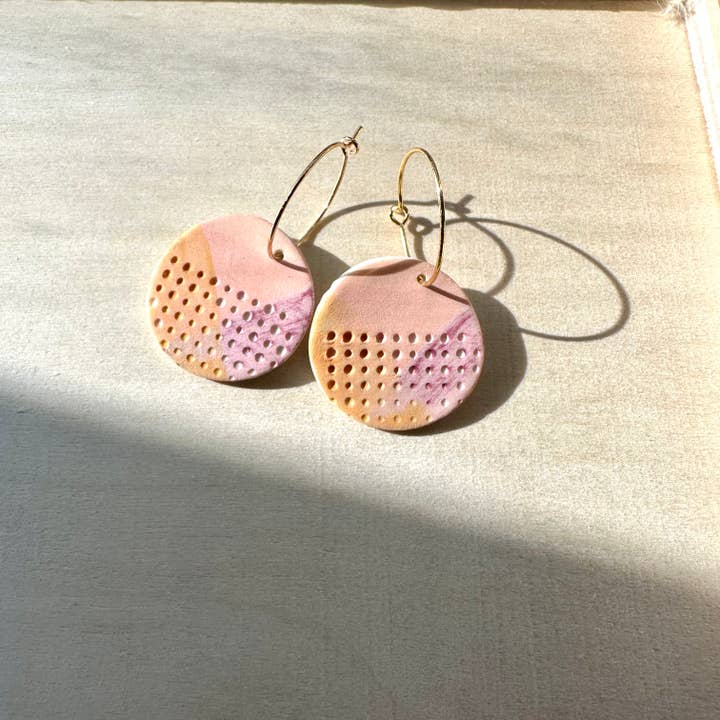 Circle painted earring- pastel aerobics for wholesale by Grounded Ceramics