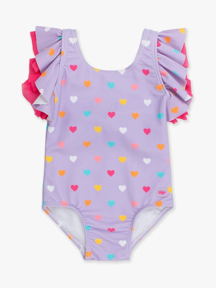 Lila Flickor Lavendel Färgglada Hjärtan Fjärilsärm Baddräkt i Ett Stycke för wholesale på Faire8
