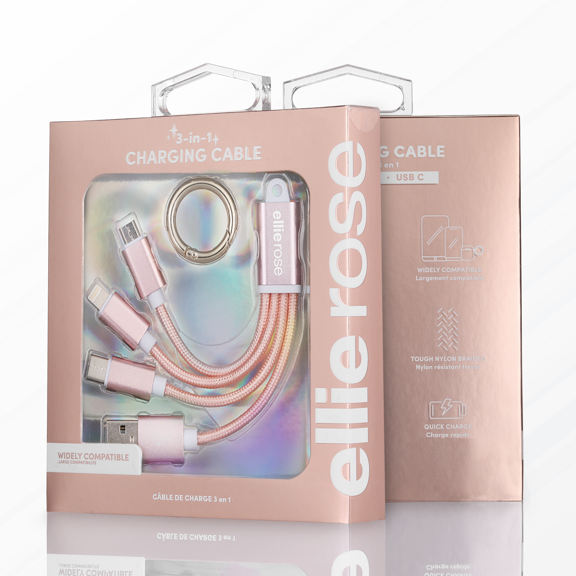 Ellie Rose - Wholesale Charging Cable - 3-in-1 Charging Keychain - Rose Gold2