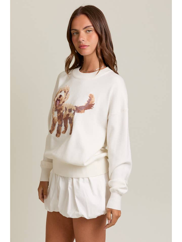 White LONG SLEEVE CREW NECK PUPPY GRAPHIC SWEATER for wholesale on Faire2