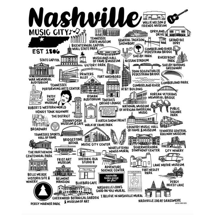 Nashville Carte Imprimer Blanc pour la vente par Whereabouts Shop
