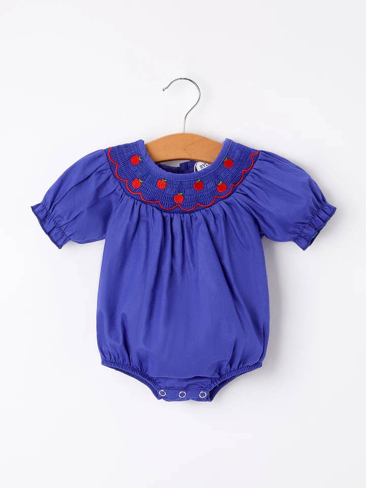Rylee Faith Designs - Wholesale Jumpsuit - Baby - Back To School Apple Embroidery Blue Girls Romper
