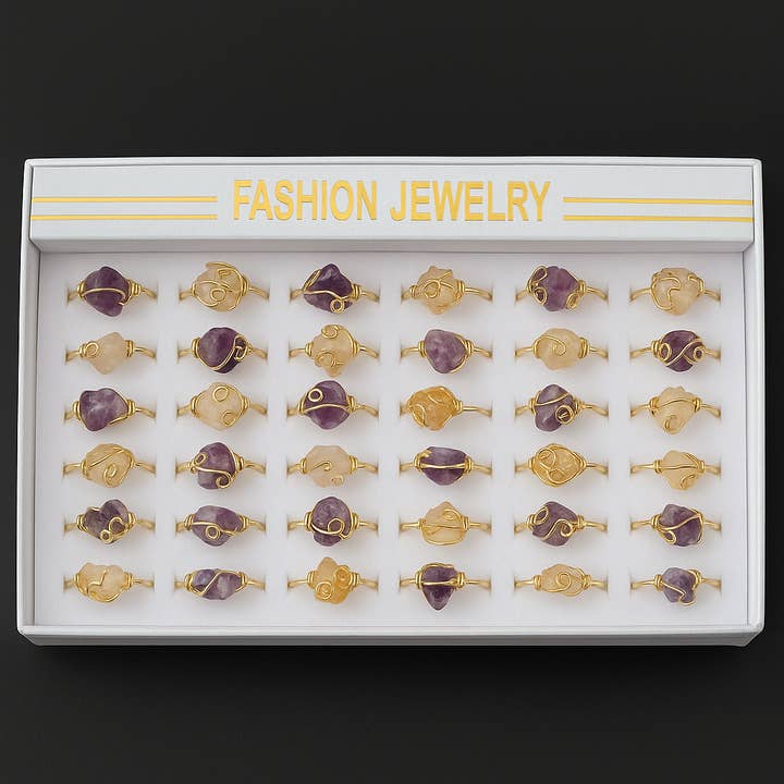 Loli - Wholesale Single Stone/Solitaire Ring - Raw Crystal Stone Rings – Adjustable (Box of 36)