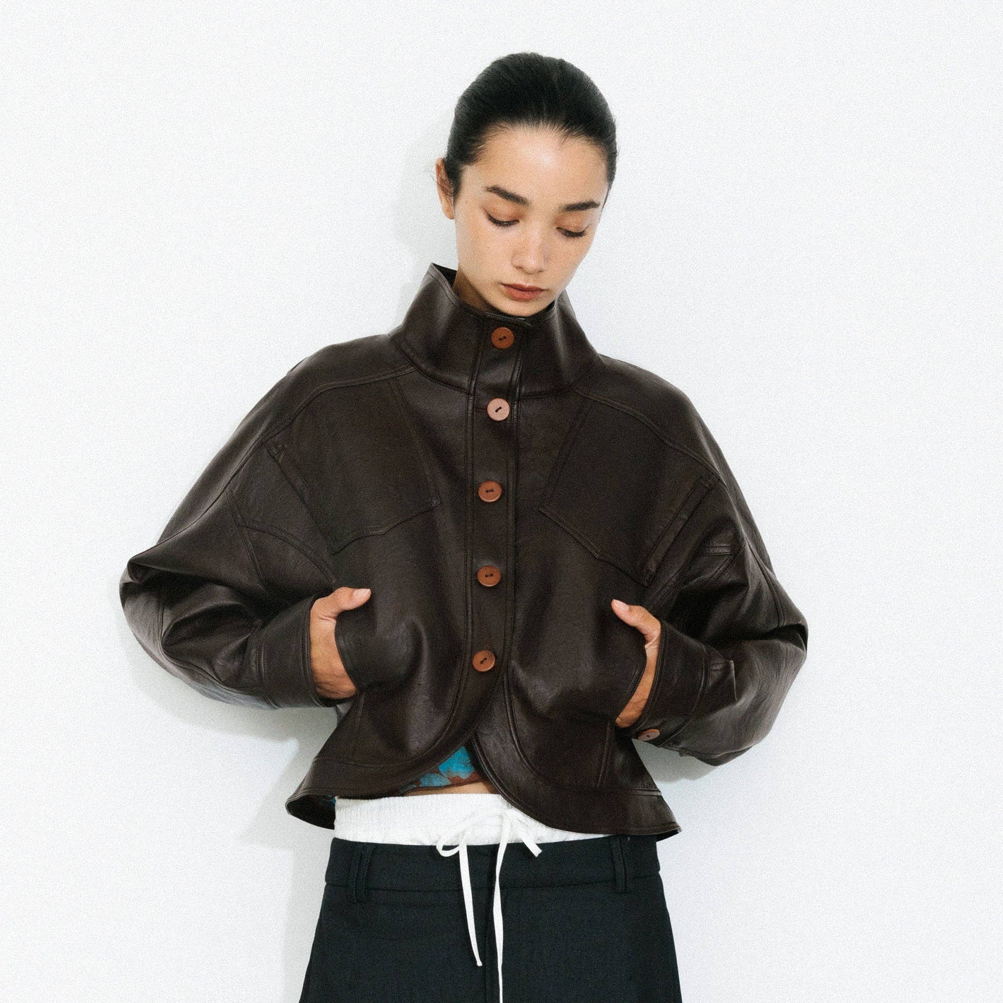 Brown Curved Sleeve Faux Leather Jacket for wholesale on Faire0