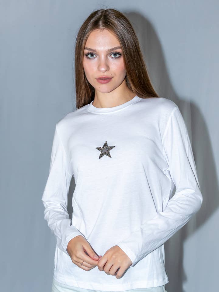 T-Shirt, Long Sleeve White, Silver Star for wholesale by Moving Forward Designs