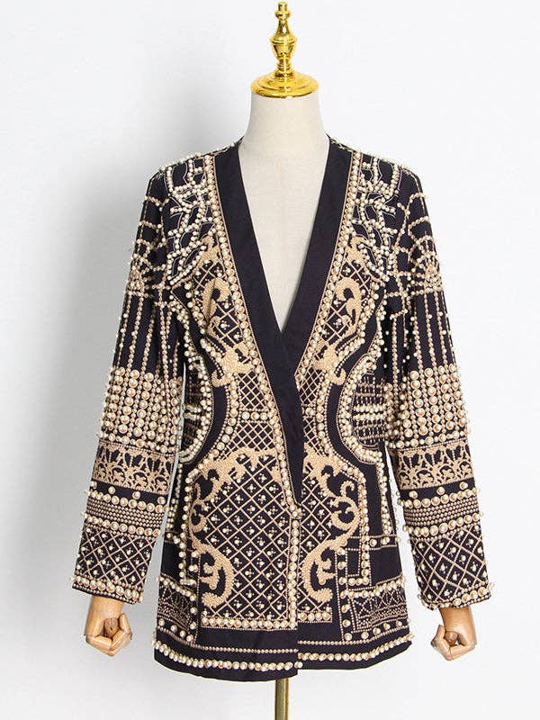 Plush Looks - Wholesale Blazer - Women's - Original Creation Loose Long Sleeves Beads Printed V-Neck Blazer Outerwear1