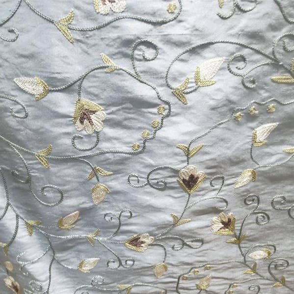 Embroidered Silk Dupioni Fabric - Fiore - Blue for wholesale by Hyena