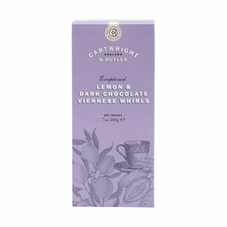 C&B Lemon & Dark Chocolate Viennese Whirls in Carton for wholesale by Cartwright & Butler