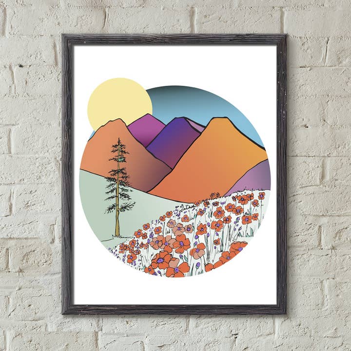 Mountains and Poppies Art Print for wholesale by Roam Wild Designs