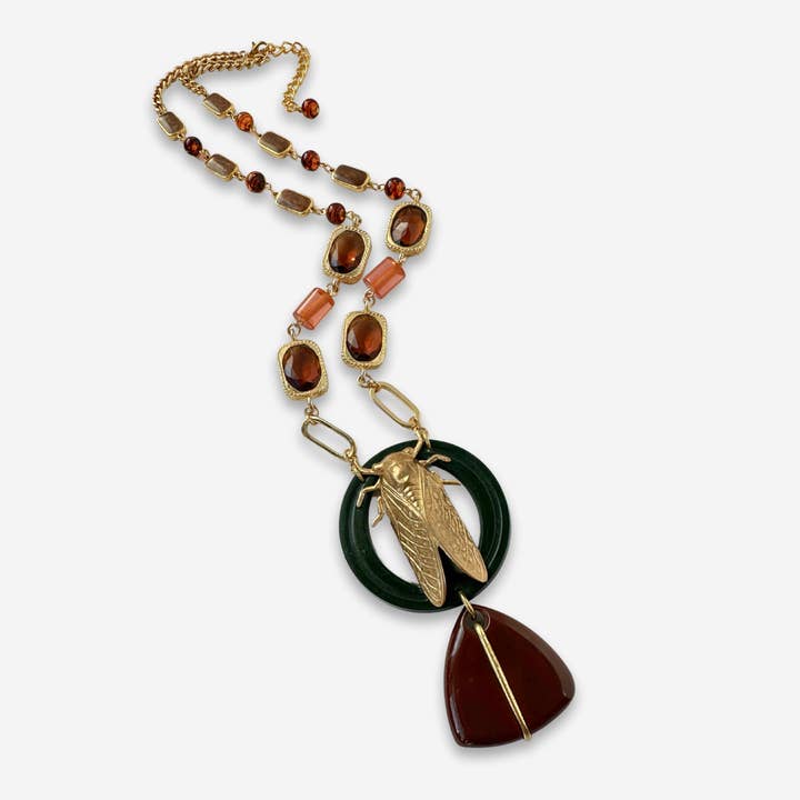 Lulu’s Petals - Wholesale Pendant/Charm Necklace - Repurposed Vintage brass Cicada assemblage necklace with bakelite drop