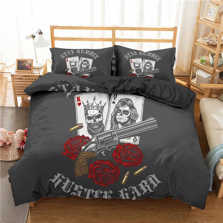 Skull Guns Roses Black Duvet Cover Set Gangster Bedspread Dorm Bedding, Pillowcase Comforter Cover for wholesale by daintyduvet