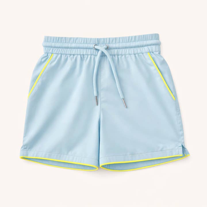 Boys' Drawstring Shorts in Light Blue w/Sulphur Trim for wholesale by Nella June
