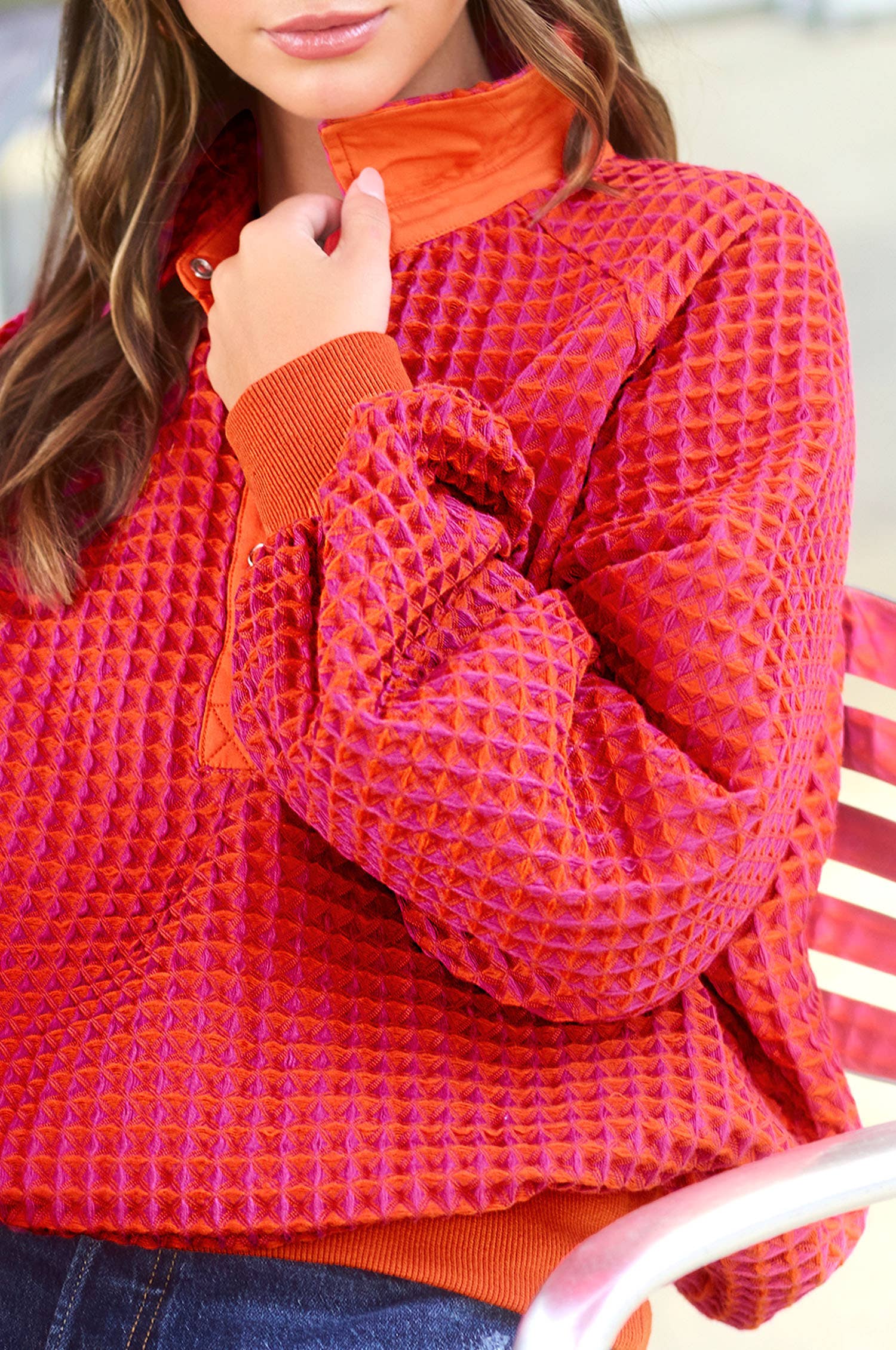 La Miel - Wholesale Sweatshirt - Women's - HCS3576-Unique Two Tone Textured Snap Button Front Top9