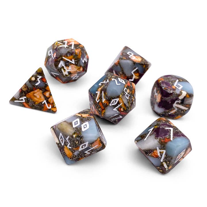 Norse Foundry - Wholesale Dice - Amazonite Orange Imperial Jasper with Copper- 7 Piece RPG Set TruStone Dice