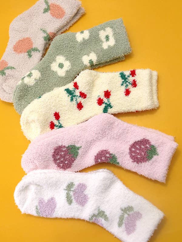 WARM CORAL FLEECE PLUSH FRUIT FLOWER FUZZY SOCKS | 40S02051 for wholesale by JOSSLYN by wall to wall