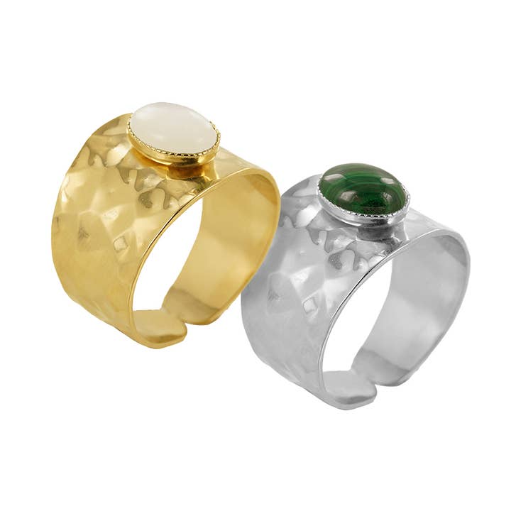 Anillo ajustable martillado con piedra de 8 mm, chapado en oro o plata 925 para venta al por mayor de Bijoux Fabrication Française