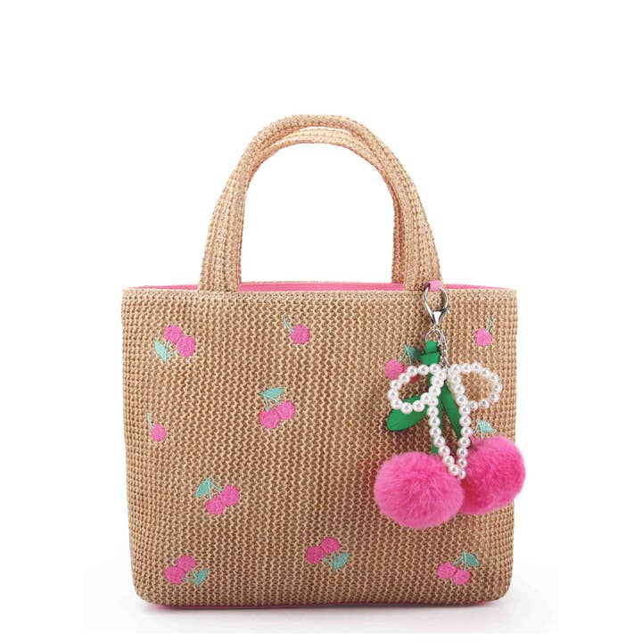 Cherry Patched Straw Mini Tote Bag with Charm for wholesale by OMG Accessories