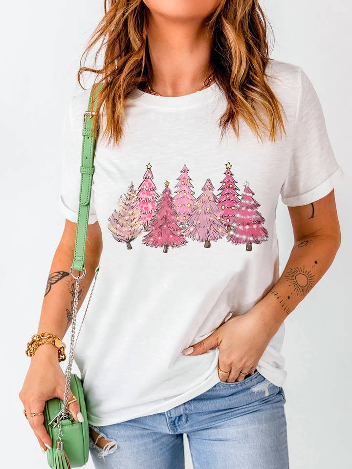White Lighting Christmas Trees Fashion Graphic Tee for wholesale on Faire2