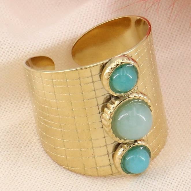 Large steel ring with three natural stones 0423168 for wholesale by Lilas de Seine