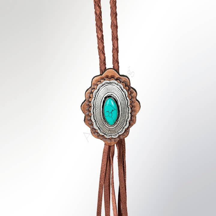 LS Western - Wholesale Pendant/Charm Necklace - LC-ADJW106 Two-Tone Scalloped Western Jewelry Necklace with Turquoise Center & Braided Cord1