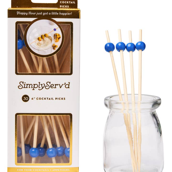 Party Pick Fancy Bamboo Toothpick Large 6" Blue Ball 30pk for wholesale by Sophistiplate