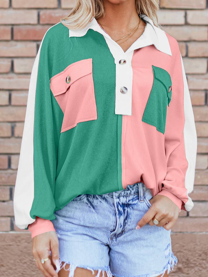 Colorblock Collared Ribbed Patchwork Pocketed Sweatshirt for wholesale by PRETTY BASH