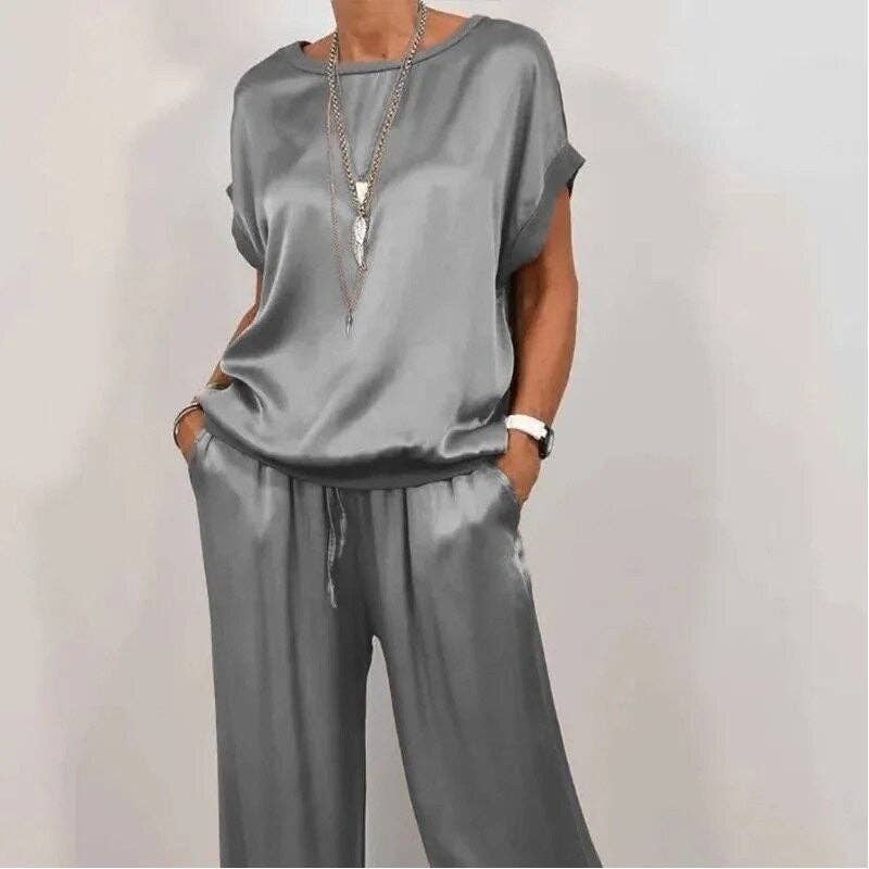 Sheer Trend - Wholesale Top & Pant Set (NOT Loungewear) - Women's - Casual Pure Color Loose Tee Wide Leg Pants Set4