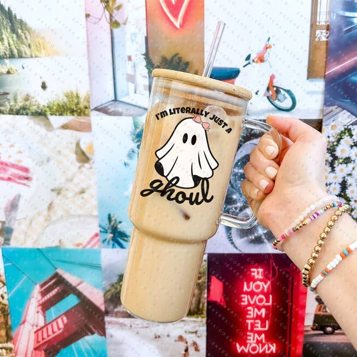 Sayers & Co. - Wholesale Insulated mug/tumbler - 40oz I'm Literally Just A Ghoul Glass Cup with Bamboo Lid & Straw #1003476